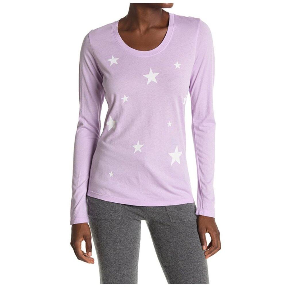 Sundry Star Long Sleeve T-Shirt Celestial Rib Trim Print Tee Purple Stars